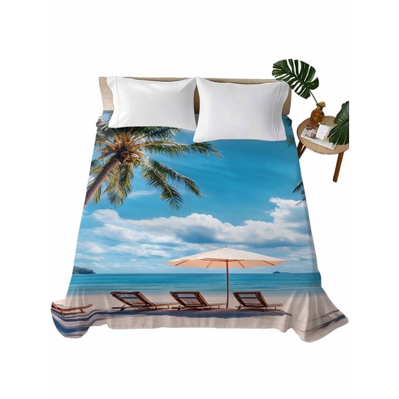 California King Flat Sheet 108"x98", Summer Beach Coastal Soft Lightweight Bedding Flat Sheets Only, Blue Sea Ocean Landscape Hawaii Brushed Microfiber Top Bed Sheet, Breathable Bedsheets