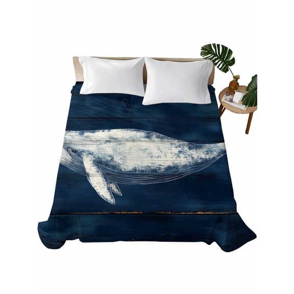 California King Flat Sheet 108"x98", Summer Whale Soft Lightweight Bedding Flat Sheets Only, Ocean Watercolor Wooden Grain Blue Brushed Microfiber Top Bed Sheet, Breathable StainResistant Bedsheets