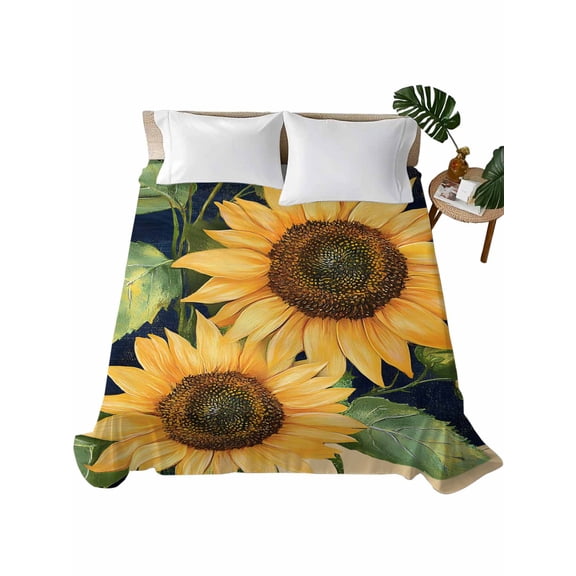 California King Flat Sheet 108"x98", Sunflower Black Soft Lightweight Bedding Flat Sheets Only, Vintage Yellow Floral Botanical Plant Brushed Microfiber Top Bed Sheet, Breathable Bedsheets