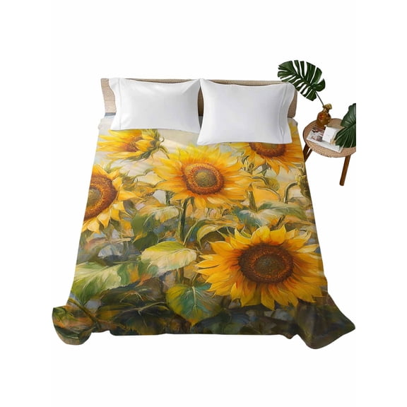 California King Flat Sheet 108"x98", Sunflower Soft Lightweight Bedding Flat Sheets Only, Botanical Summer Floral Watercolor Brushed Microfiber Top Bed Sheet, Breathable StainResistant Bedsheets