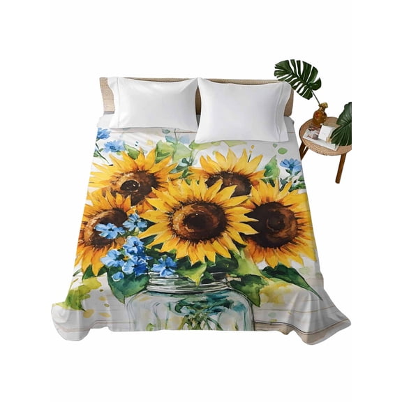 California King Flat Sheet 108"x98", Sunflower Soft Lightweight Bedding Flat Sheets Only, Retro Country Garden Floral Blue Wildflower Brushed Microfiber Top Bed Sheet, Breathable Bedsheets