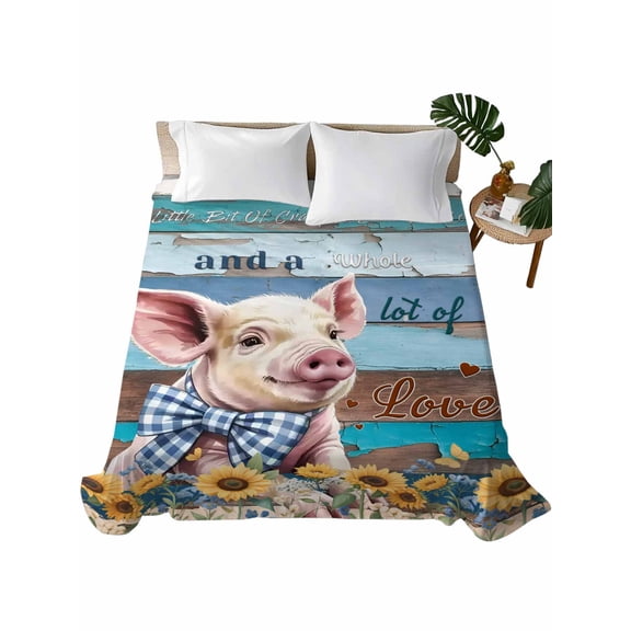 California King Flat Sheet 108"x98", Sunflowers Pig Soft Lightweight Bedding Flat Sheets Only, Farmhouse Pastoral Wooden Plank Flowers Brushed Microfiber Top Bed Sheet, Breathable Bedsheets