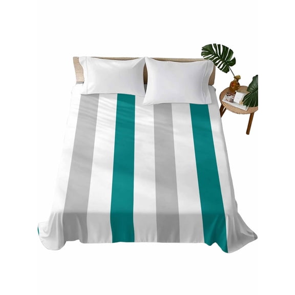 California King Flat Sheet 108"x98", Teal Grey Striped Soft Lightweight Bedding Flat Sheets Only, Geometric Vertical Stripes Minimalist Brushed Microfiber Top Bed Sheet, Breathable Bedsheets