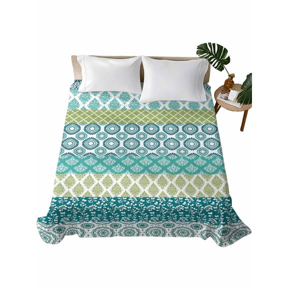 California King Flat Sheet 108"x98", Teal Striped Soft Lightweight Bedding Flat Sheets Only, Boho Modern Geometric Abstract Art Ethnic Brushed Microfiber Top Bed Sheet, Breathable Bedsheets