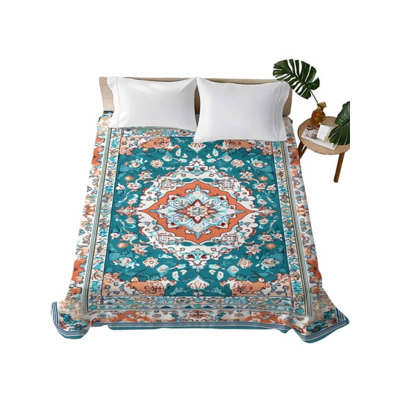 California King Flat Sheet 108"x98", Turquoise Boho Soft Lightweight Bedding Flat Sheets Only, Ethnic Aztec Southwest Abstract Pattern Brushed Microfiber Top Bed Sheet, Breathable Bedsheets