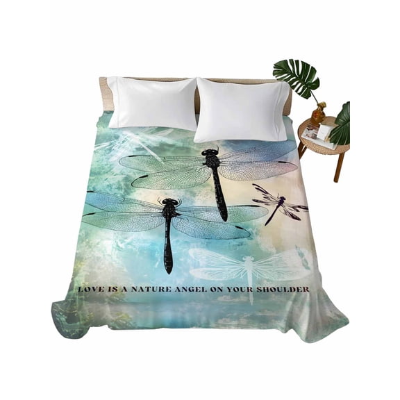 California King Flat Sheet 108"x98", Turquoise Ombre Dragonfly Soft Lightweight Bedding Flat Sheets Only, Abstract Modern Art Gradient Brushed Microfiber Top Bed Sheet, Breathable Bedsheets