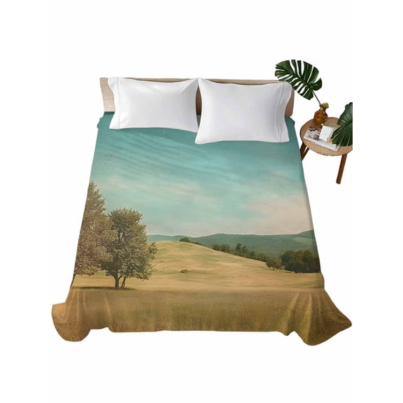 California King Flat Sheet 108"x98", Turquoise Sky Hills Soft Lightweight Bedding Flat Sheets Only, Vintage Country Landscape Brushed Microfiber Top Bed Sheet, Breathable StainResistant Bedsheets