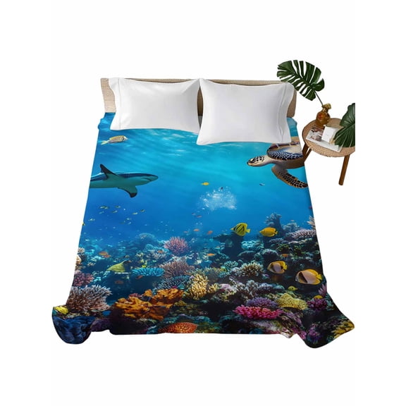 California King Flat Sheet 108"x98", Turtle Soft Lightweight Bedding Flat Sheets Only, Blue Ocean Sea Shark Coral Cartoon Fish Summer Brushed Microfiber Top Bed Sheet, Breathable Bedsheets