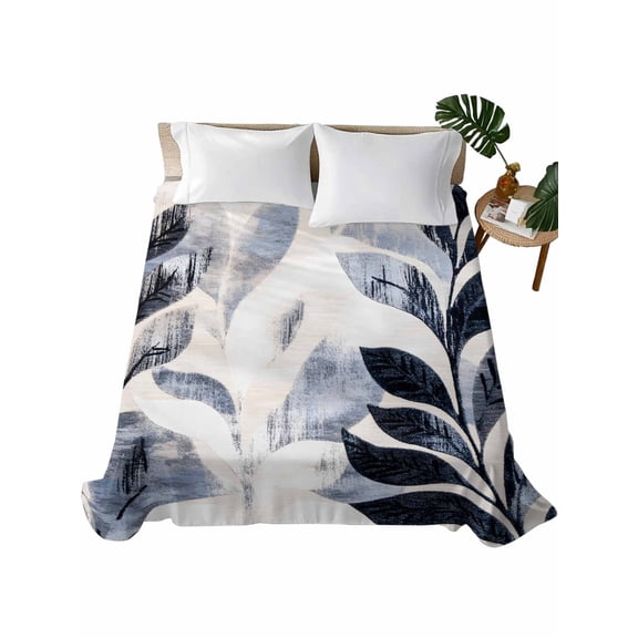 California King Flat Sheet 108"x98", Vintage Navy Blue Botanical Soft Lightweight Bedding Flat Sheets Only, Tropical Leaves Modernism Brushed Microfiber Top Bed Sheet, Breathable Bedsheets