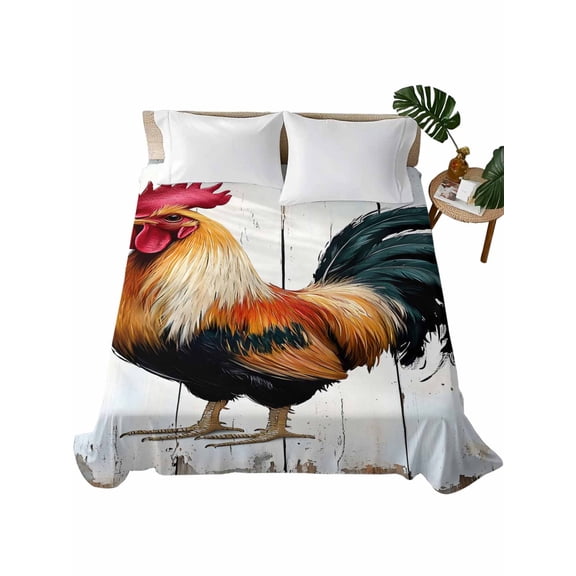 California King Flat Sheet 108"x98", Vintage Rooster Soft Lightweight Bedding Flat Sheets Only, Red Watercolor Animals Retro Brushed Microfiber Top Bed Sheet, Breathable StainResistant Bedsheets