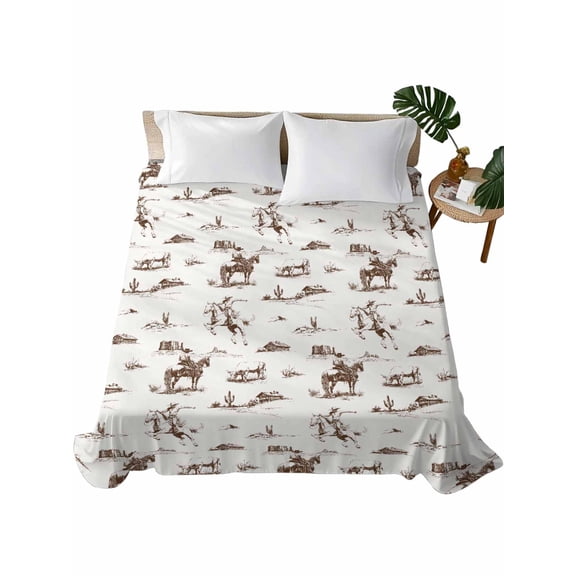 California King Flat Sheet 108"x98", Western Cowboy Soft Lightweight Bedding Flat Sheets Only, Retro Desert Cactus Country Cowboy Brown Brushed Microfiber Top Bed Sheet, Breathable Bedsheets