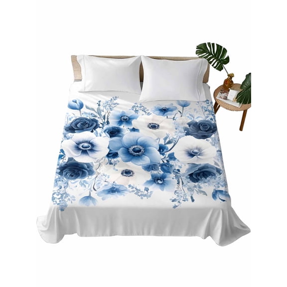 California King Flat Sheet 108"x98", White Blue Flower Soft Lightweight Bedding Flat Sheets Only, Vintage Pastoral Floral Petals Spring Brushed Microfiber Top Bed Sheet, Breathable Bedsheets
