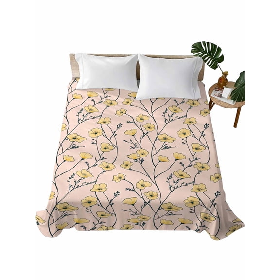 California King Flat Sheet 108"x98", Yellow Flower Soft Lightweight Bedding Flat Sheets Only, Tree Branch Leaves Spring Botanical Plant Brushed Microfiber Top Bed Sheet, Breathable Bedsheets