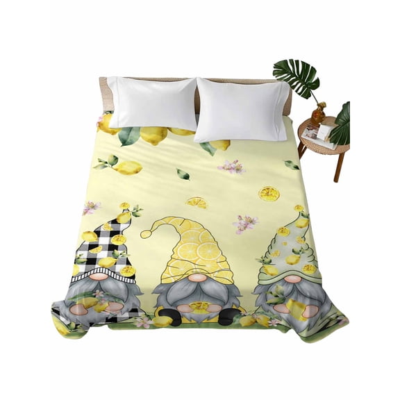 California King Flat Sheet 108"x98", Yellow Lemon Gnomes Soft Lightweight Bedding Flat Sheets Only, Vintage Fruits Leaves Country Rustic Brushed Microfiber Top Bed Sheet, Breathable Bedsheets