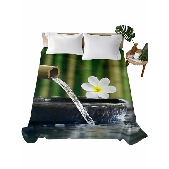 California King Flat Sheet 108"x98", Zen Stones Water Flowing Soft Lightweight Bedding Flat Sheets Only, Floral Green Forest Brushed Microfiber Top Bed Sheet, Breathable StainResistant Bedsheets