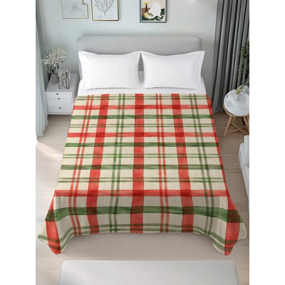 California King Flat Sheet Only Christmas Green Red Striped Soft Microfiber Cooling Bedding Sheets Retro Linen Background Flat Bed Sheet for Hotel, Home Decor