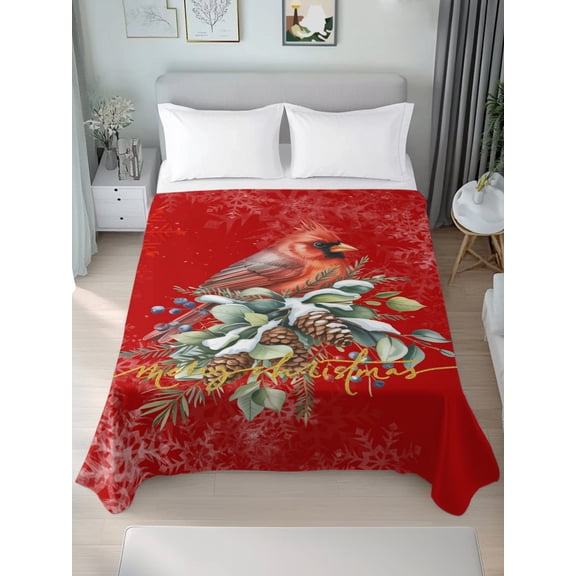 California King Flat Sheet Only Christmas Pine Cone and Cardinal Bird Soft Microfiber Cooling Bedding Sheets Snowflake Texture on Red Flat Bed Sheet for Hotel,Home Decor