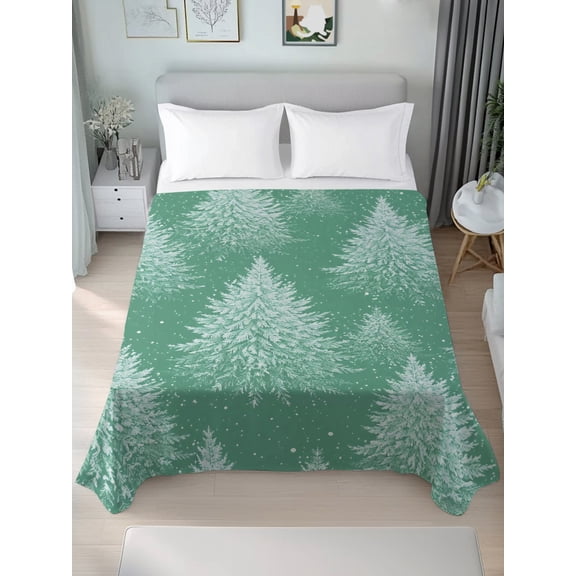 California King Flat Sheet Only Christmas Trees on Green Soft Microfiber Cooling Bedding Sheets Winter Pine Tree Seamless Flat Bed Sheet for Hotel, Home Decor