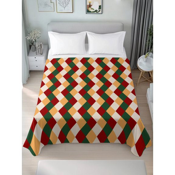 California King Flat Sheet Only Christmas Zigzag Chevron Stripes Soft Microfiber Cooling Bedding Sheets Red Green Yellow Flat Bed Sheet for Hotel, Home Decor