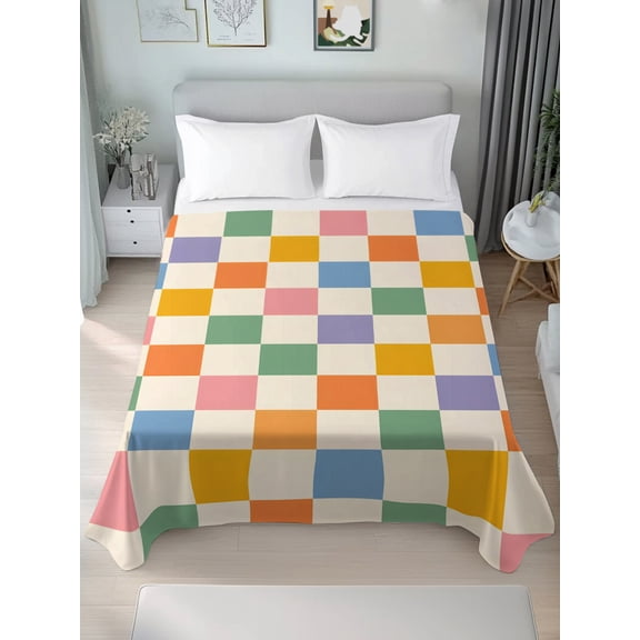 California King Flat Sheet Only Colorful Plaid Boho Style Soft Microfiber Cooling Bedding Sheets Gingham Check Watercolor Flat Bed Sheet for Hotel,Home Decor