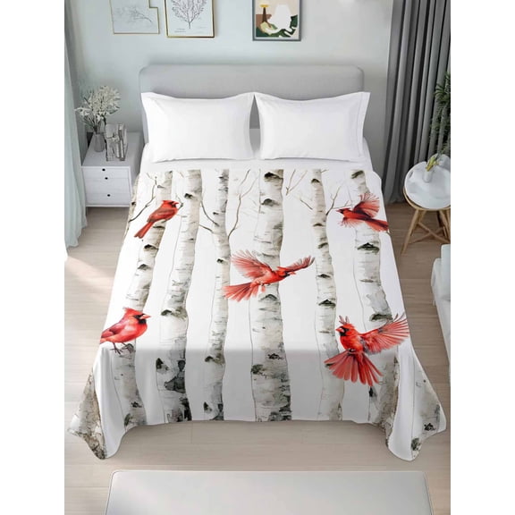 California King Flat Sheet Only Country Red Birds Pattern Soft Microfiber Cooling Bedding Sheets Retro Trees Background Flat Bed Sheet for Hotel,Home Decor