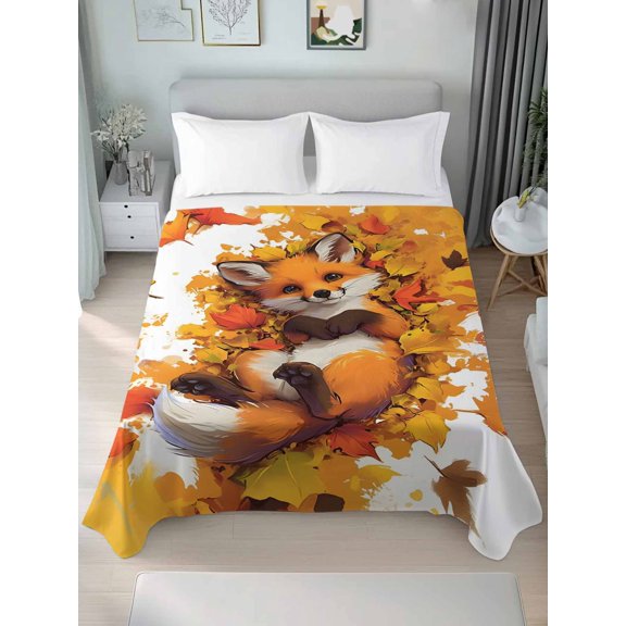 California King Flat Sheet Only Cute Fox Lying in Orange Maple Leaves Soft Microfiber Cooling Bedding Sheets Autumn Botanical Flat Bed Sheet for Hotel,Home Decor