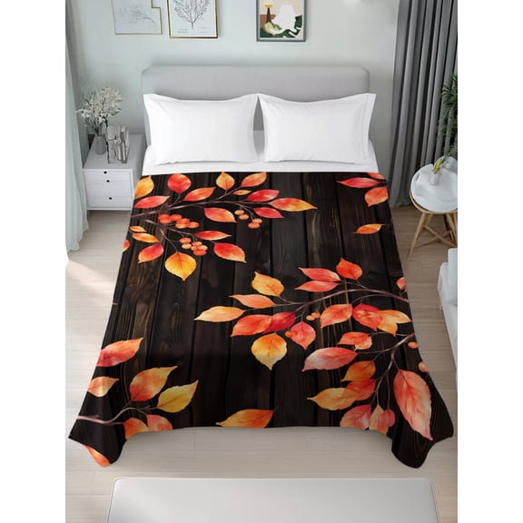 California King Flat Sheet Only Fall Maple Leaves Thanksgiving Soft Microfiber Cooling Bedding Sheets Vintage Brown Plank Flat Bed Sheet for Hotel,Home Decor