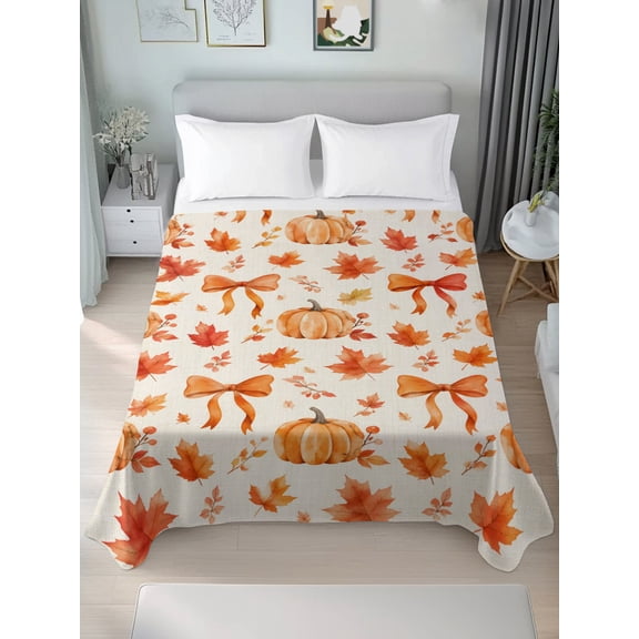 California King Flat Sheet Only Fall Thanksgiving Orange Pumpkin Soft Microfiber Cooling Bedding Sheets Farm Maple Leaves on Burlap Flat Bed Sheet for Hotel,Home Decor