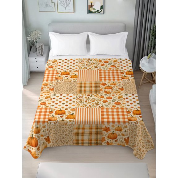 California King Flat Sheet Only Fall Thanksgiving Pumpkin Linen Soft Microfiber Cooling Bedding Sheets Maple Leaves Plaid Stripe Flat Bed Sheet for Hotel,Home Decor
