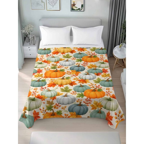 California King Flat Sheet Only Fall Thanksgiving Pumpkin Seamless Soft Microfiber Cooling Bedding Sheets Orange Maple Leaf Watercolor Flat Bed Sheet for Hotel,Home Decor