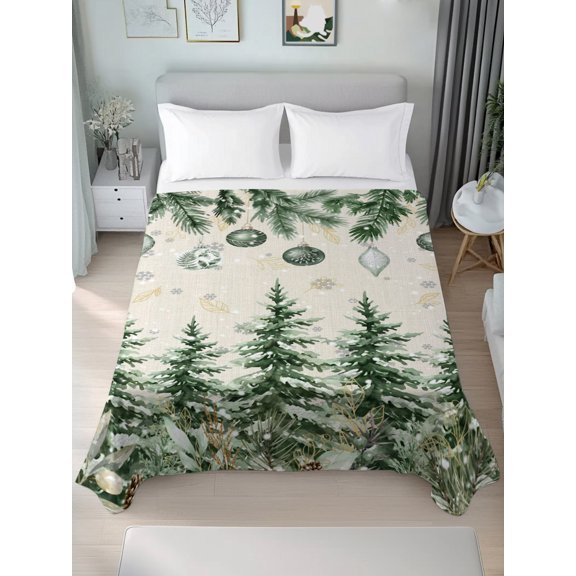 California King Flat Sheet Only Green Christmas Trees Balls Soft Microfiber Cooling Bedding Sheets Retro Linen Background Flat Bed Sheet for Hotel, Home Decor