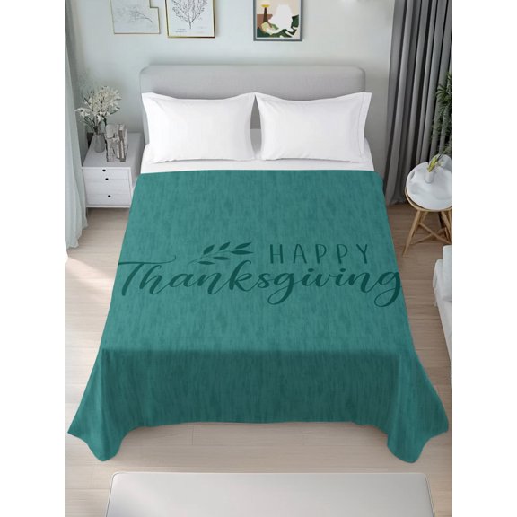 California King Flat Sheet Only Happy Thanksgiving Words Soft Microfiber Cooling Bedding Sheets Green Monochrome Background Flat Bed Sheet for Hotel,Home Decor