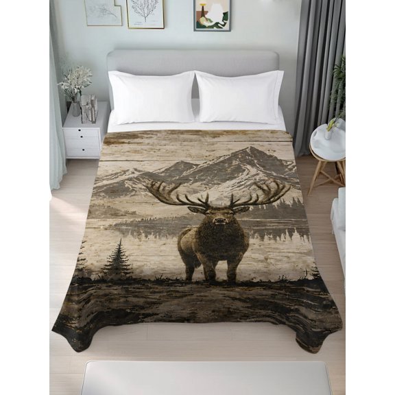 California King Flat Sheet Only Mountain Pine Tree Elk Soft Microfiber Cooling Bedding Sheets Rustic Cabin Retro Plank Flat Bed Sheet for Hotel, Home Decor