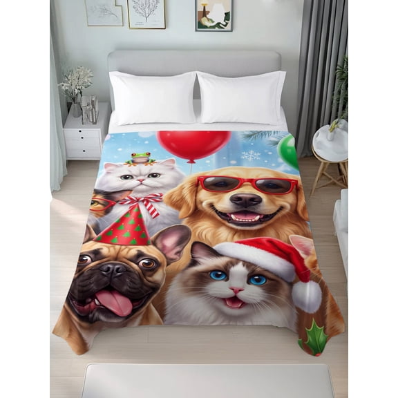 California King Flat Sheet Only Christmas Dog Cat Cute Soft Microfiber Cooling Bedding Sheets Cartoon Style Flat Bed Sheet for Hotel, Home Decor
