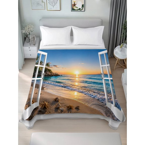 California King Flat Sheet Only Open Window Frame Beach Soft Microfiber Cooling Bedding Sheets Summer Blue Sea Sunset Flat Bed Sheet for Hotel,Home Decor