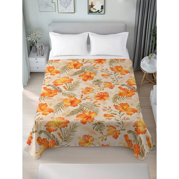 California King Flat Sheet Only Orange Hibiscus Floral on Burlap Soft Microfiber Cooling Bedding Sheets Summer Botanical Leaves Flat Bed Sheet for Hotel,Home Decor