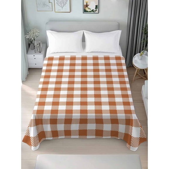 California King Flat Sheet Only Orange White Gingham Grids Soft Microfiber Cooling Bedding Sheets Modern Minimalist Plaid Flat Bed Sheet for Hotel,Home Decor
