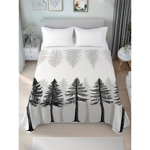 California King Flat Sheet Only Pine Trees Forest Landscape Soft Microfiber Cooling Bedding Sheets Black Trees Silhouette on Beige Flat Bed Sheet for Hotel,Home Decor