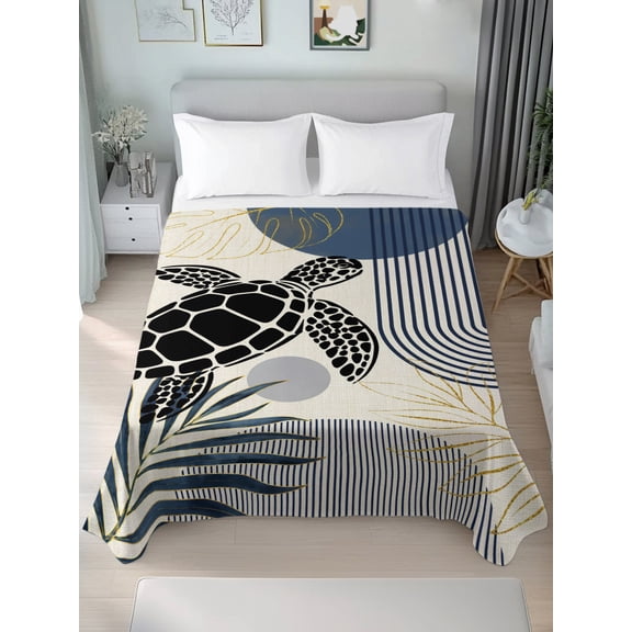 California King Flat Sheet Only Sea Turtle Monstera Leaf Soft Microfiber Cooling Bedding Sheets Retro Linen Background Flat Bed Sheet for Hotel,Home Decor