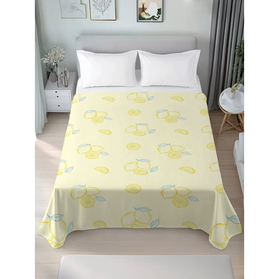 California King Flat Sheet Only Summer Fields Cute Lemons Soft Microfiber Cooling Bedding Sheets Yellow Background Flat Bed Sheet for Hotel,Home Decor