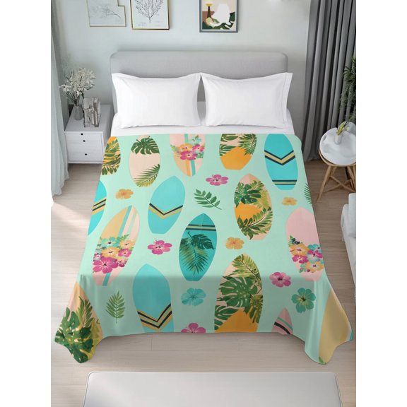 California King Flat Sheet Only Summer Surf Botanical Theme Soft Microfiber Cooling Bedding Sheets Tropical Hibiscus Flower Leaves Flat Bed Sheet for Hotel,Home Decor