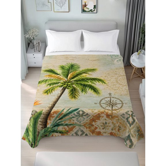 California King Flat Sheet Only Summer Tropical Palm Tree Soft Microfiber Cooling Bedding Sheets Compass Boho Background Flat Bed Sheet for Hotel,Home Decor
