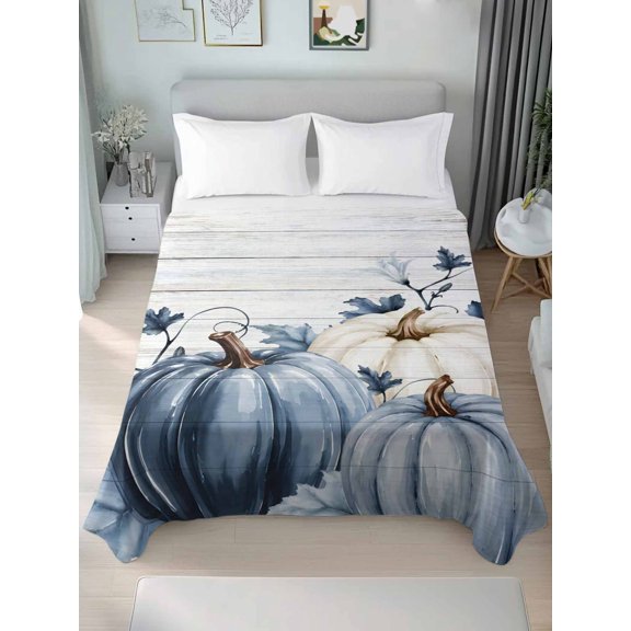 California King Flat Sheet Only Thanksgiving Blue White Pumpkins Soft Microfiber Cooling Bedding Sheets Wood Board Background Flat Bed Sheet for Hotel,Home Decor