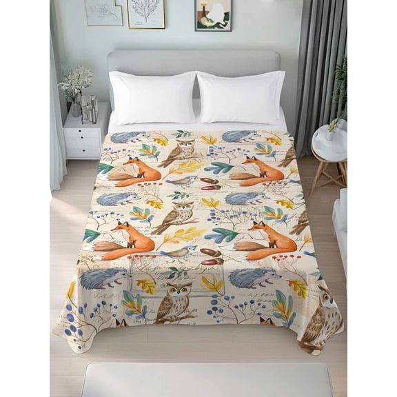 California King Flat Sheet Only Thanksgiving Cute Fox Hedgehog Owl on Retro Soft Microfiber Cooling Bedding Sheets Autumn Leaf Flat Bed Sheet for Hotel,Home Decor