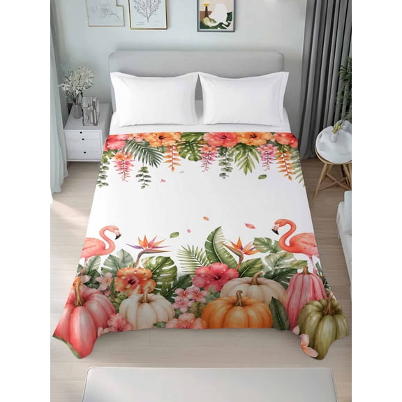 California King Flat Sheet Only Tropical Flamingo Autumn Pumpkins Soft Microfiber Cooling Bedding Sheets Hibiscus Flowers Flat Bed Sheet for Hotel,Home Decor