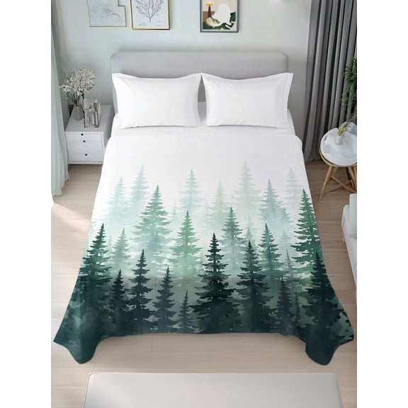 California King Flat Sheet Only Watercolor Pine Trees Forest Soft Microfiber Cooling Bedding Sheets Evergreen Tree Landscape Flat Bed Sheet for Hotel,Home Decor