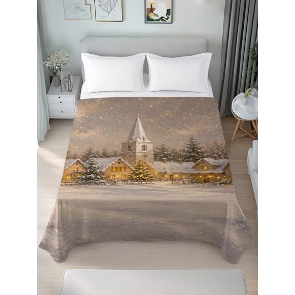California King Flat Sheet Only Winter Rustic Cottagecore Soft Microfiber Cooling Bedding Sheets Church Spire Forest Christmas Flat Bed Sheet for Hotel, Home Decor