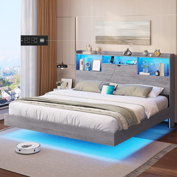 California King Floating Bed Frame with Charging Station&LED Lights, LED California King Size Metal Platform Bed with Storage Headboard, No Box Spring Need, Gray