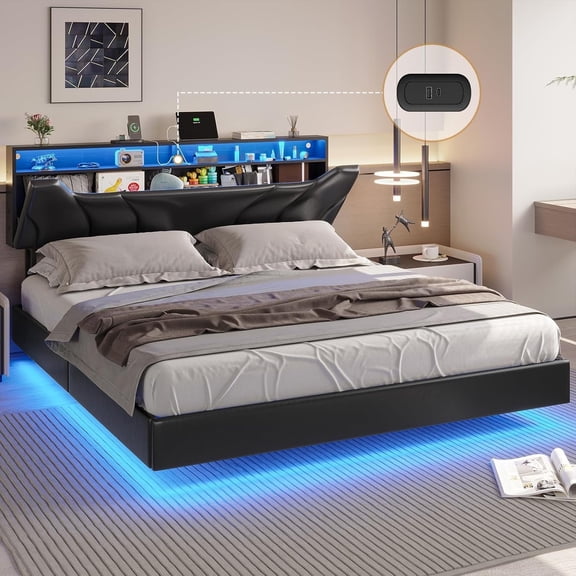 California King Floating Bed Frame with LED Lights&Charging Stations, Faux Leather Upholstered Platform Bed with Storage Headboard for Bedroom, No Box Spring Needed, Black
