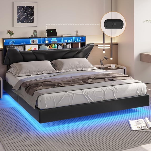 California King Floating Bed Frame with LED Lights&Charging Stations, Faux Leather Upholstered Platform Bed with Storage Headboard for Bedroom, No Box Spring Needed, Black